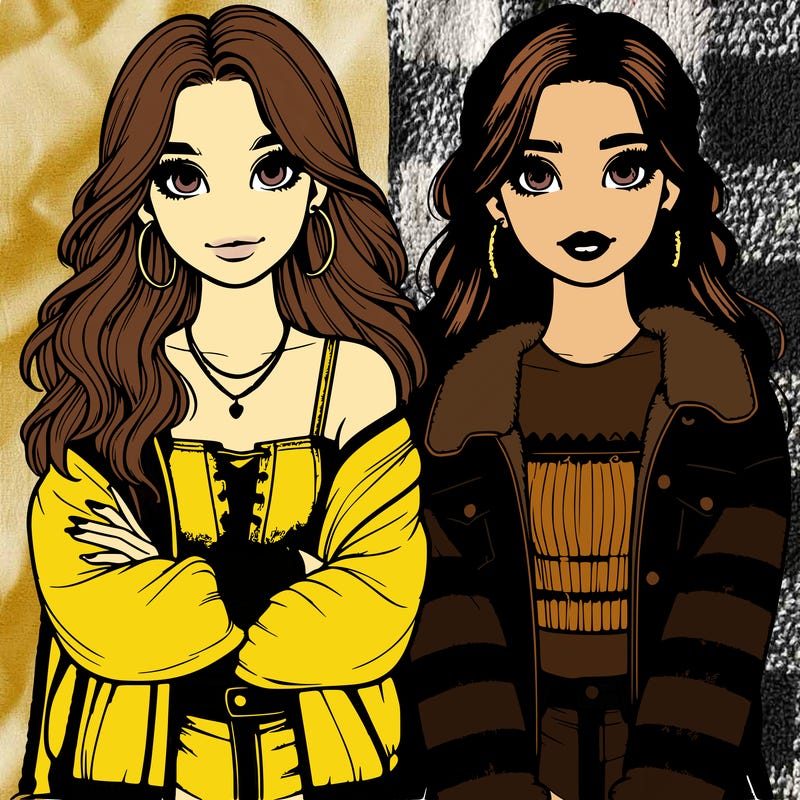 two girl best friends in trendy outfits realistic