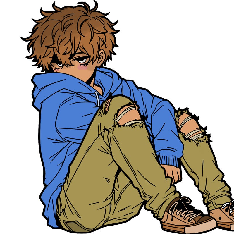 a male hoddie ripped jeans messy hair anime