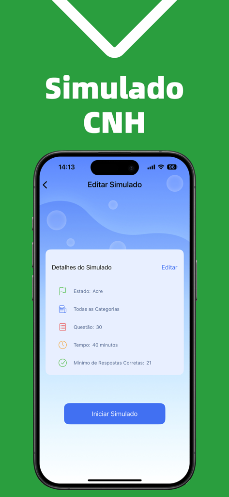 Simulado Detran CNH Prova 2026 - Tela de celular mostrando detalhes da simulação para o exame da carteira de motorista brasileira, incluindo seleção de estado e duração do exame
