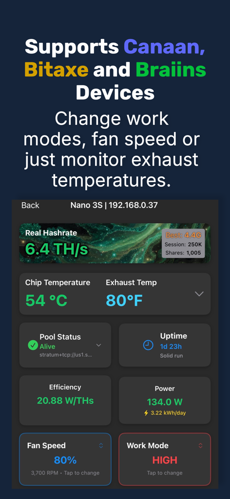 HashWatcher app interface displaying real-time mining metrics including hashrate temperature and power efficiency for a crypto miner