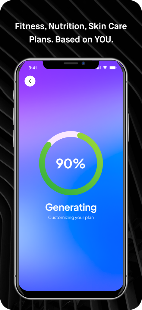 YouGlow: AI Glow-Up Coach - YouGlow app screen showing a progress bar at 90 percent while generating a customized fitness and skincare plan