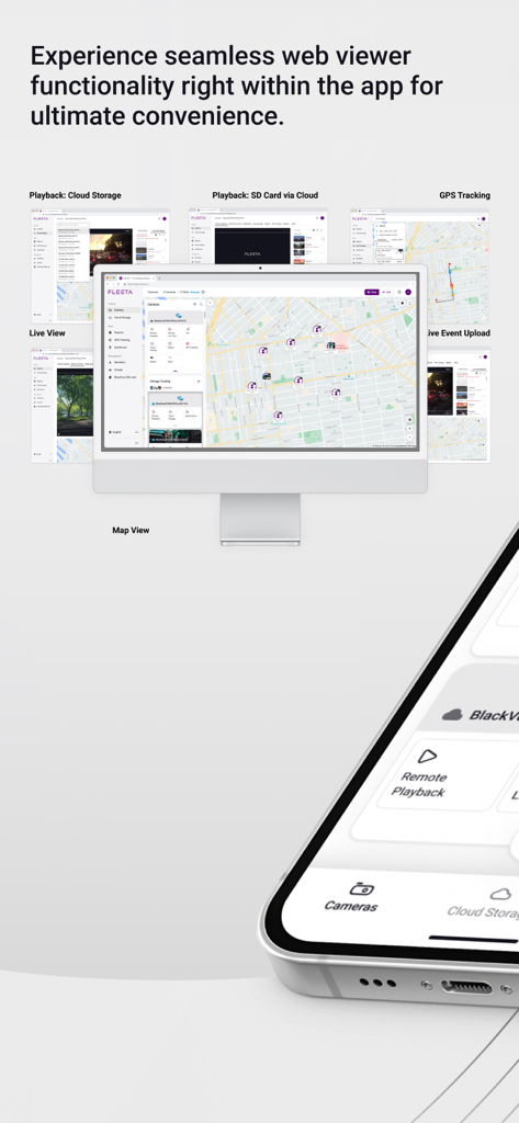FLEETA App Web-Viewer-Oberfläche mit Echtzeit-GPS-Flottenverfolgung und Videowiedergabe auf Monitor und Smartphone