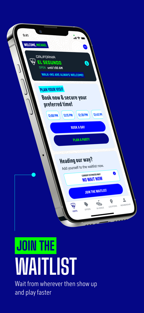 Topgolf - Topgolf-App-Oberfläche, die die Remote-Warteliste und die Buchtbuchungsoptionen für den Standort El Segundo zeigt.