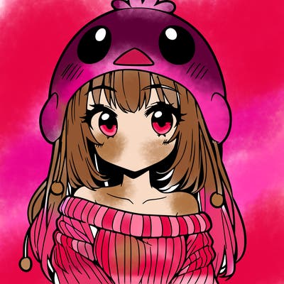 anime girl with chick shaped hat with sweater with bare shoulders with bangs covering them one eye with low tail