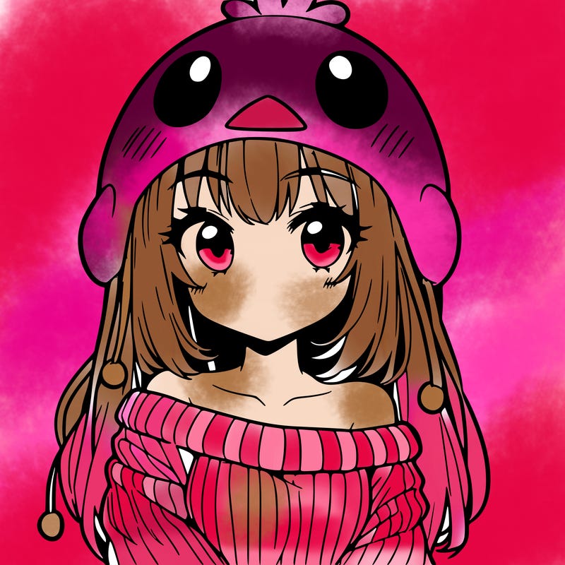 anime girl with chick shaped hat with sweater with bare shoulders with bangs covering them one eye with low tail