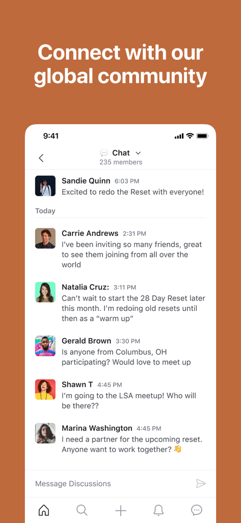 Human Garage - A screenshot of the Human Garage app showing a group chat where members connect and discuss the 28 Day Reset.