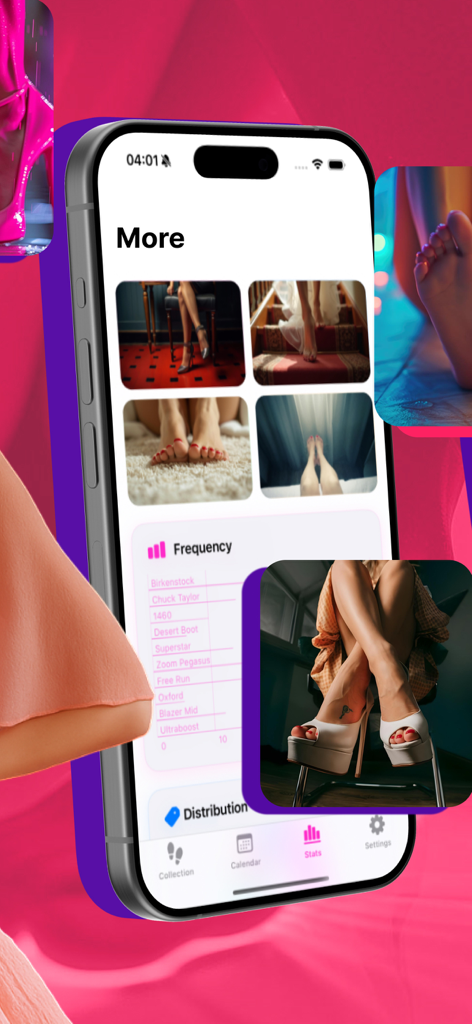 FF - Feet Find Collect - A mobile application screen displaying shoe wear frequency statistics and a gallery of footwear photos.