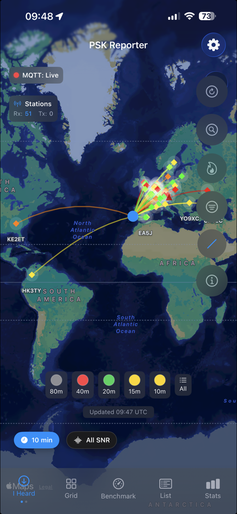 PSKReporter Client app interface showing signal propagation paths and band activity on a world map