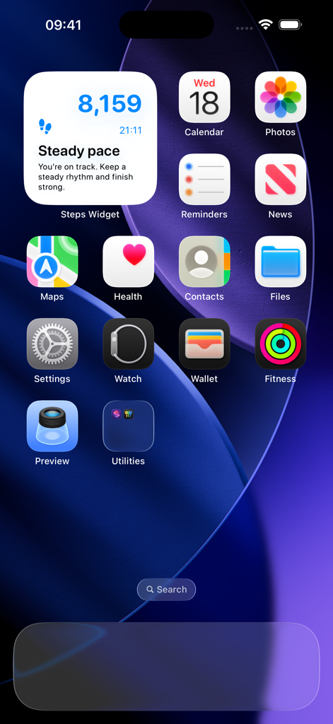 Steps Widget - Walking Tracker - Una pantalla de inicio de iPhone con un widget de rastreador de caminatas limpio y estético que muestra el recuento de pasos y el progreso.