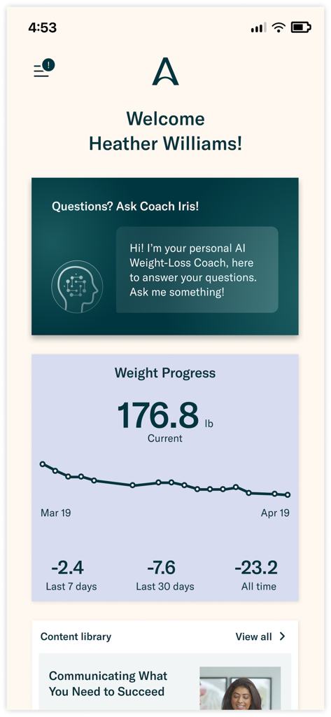 Allurion mobile app dashboard showing a weight progress graph and AI coach Iris interface