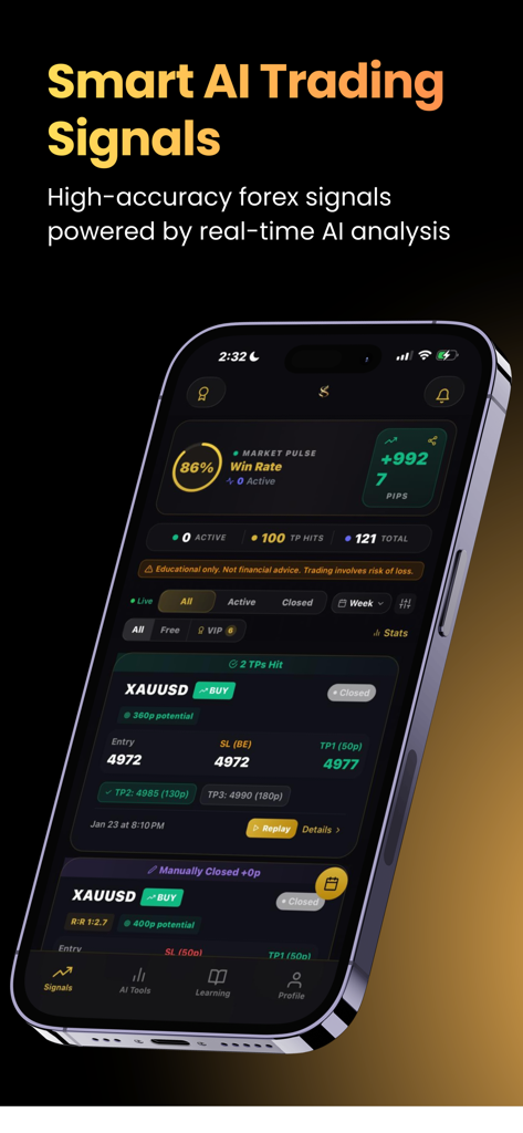 SignalPro mobile app interface showing AI-powered forex signals and market analysis dashboard