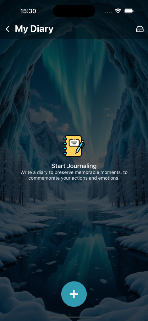 The journaling screen of the Iron Will app with a scenic northern lights background and a prompt to start writing.