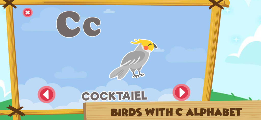Pantalla educativa que muestra la letra C y una cacatúa