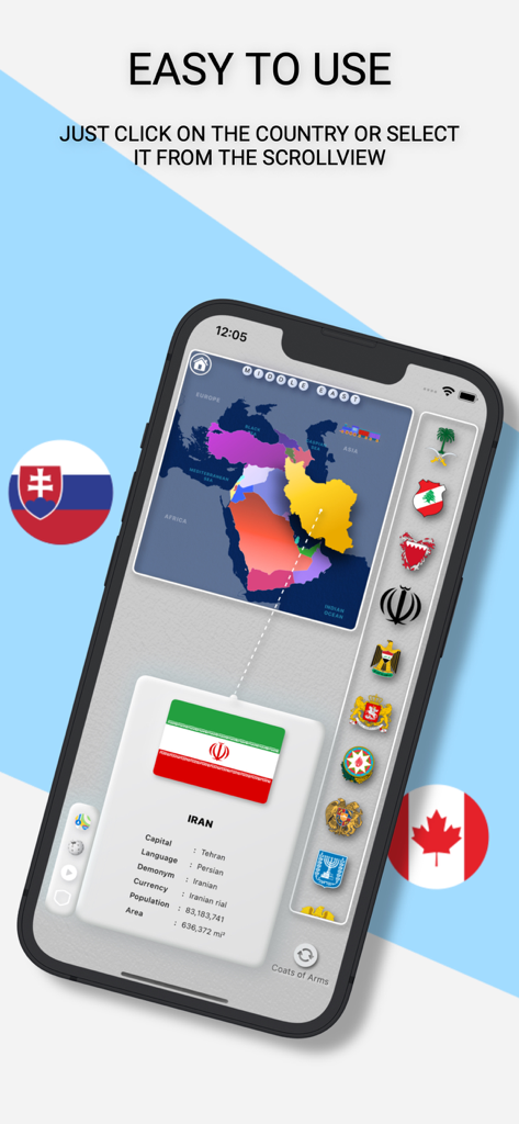 MapGo: Countries of the world - MapGo app showing an interactive map and a detailed country information card for Iran