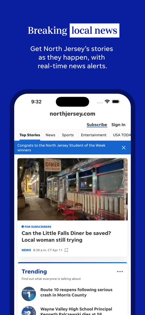 North Jersey: Record & Herald - iPhone screen showing the North Jersey news app interface with breaking local stories and real time alerts.