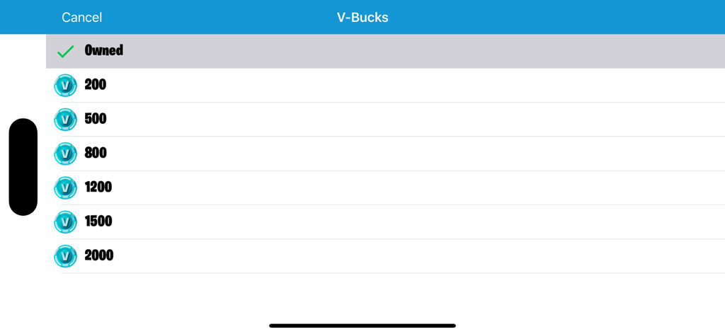 V-Bucks price selection menu in Daily Shop Maker app