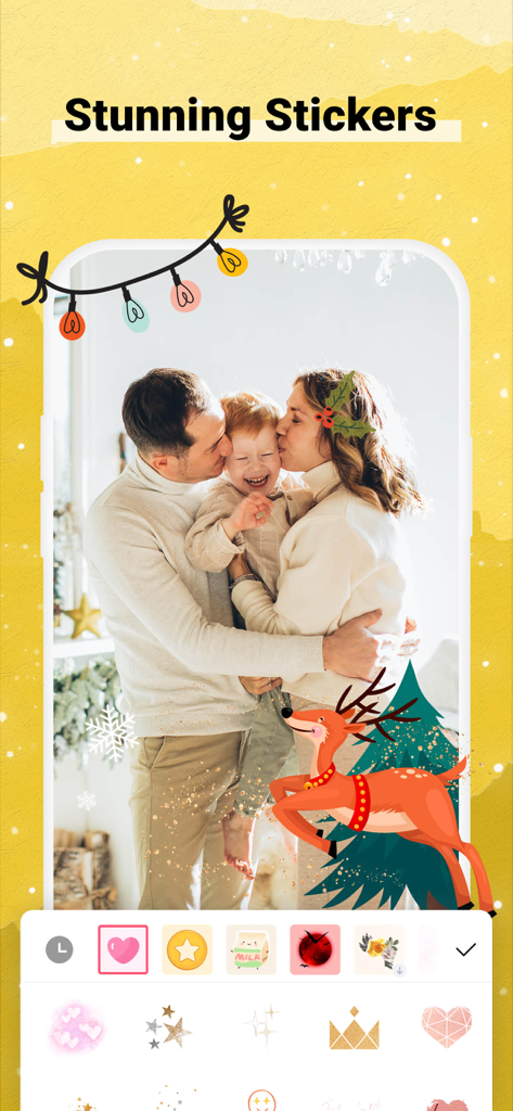 Collart SE app interface showing a family photo decorated with festive Christmas stickers like a reindeer and tree