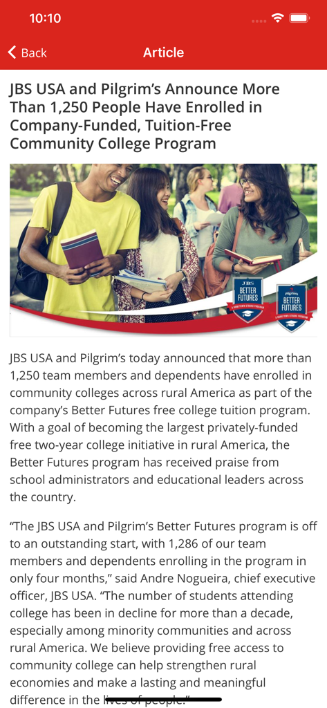 JBS Connect - A news article within the JBS Connect app announcing a company funded tuition free community college program for employees