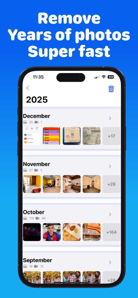 PixSwipe: Photo Delete Swipe - Interfaz de la aplicación PixSwipe que muestra una galería de fotos organizada por mes para ayudar a los usuarios a eliminar años de fotos rápidamente.