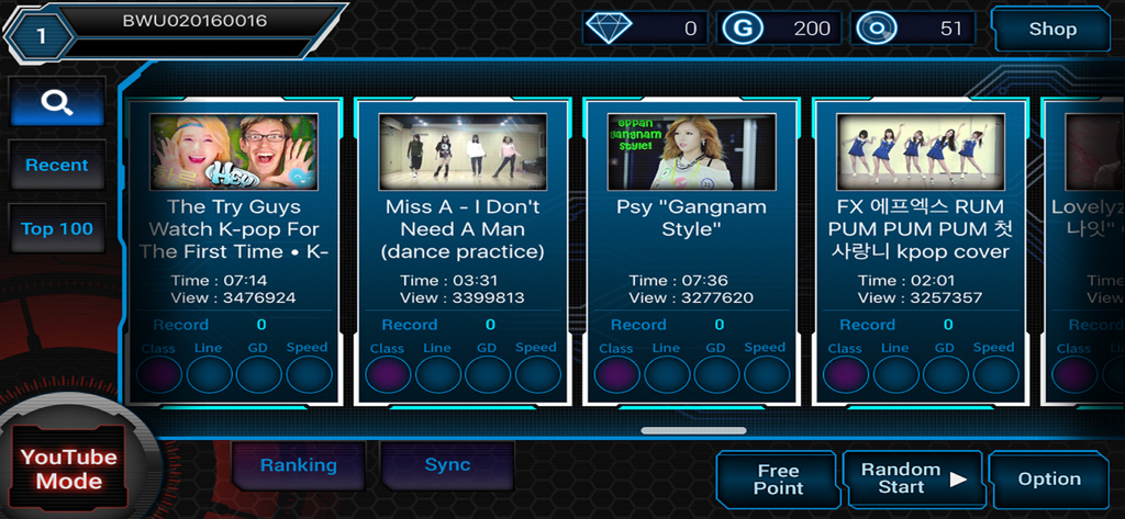 Una pantalla de menú en la aplicación BEAT MP3 for YouTube que muestra un carrusel de videos musicales de K-pop populares para jugar como juegos de ritmo.