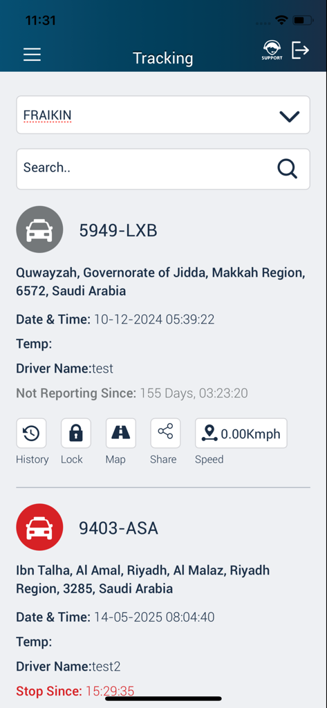 AwtlTrack - AwtlTrack mobile App-Oberfläche, die Echtzeit-Fahrzeugtracking-Daten und Sicherheitskontrollen anzeigt