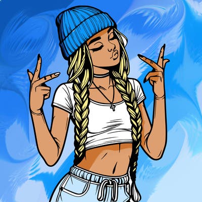 realistic teenage girl with braids and a beanie and crop top doing 🫶🏼