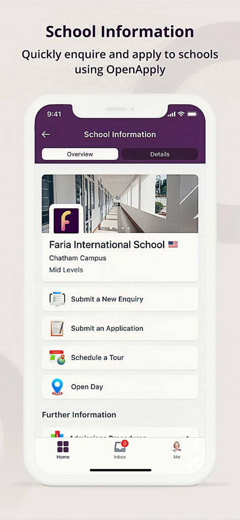 OpenApply - OpenApply mobile app screen showing school information for Faria International School with options to submit an application or schedule a tour