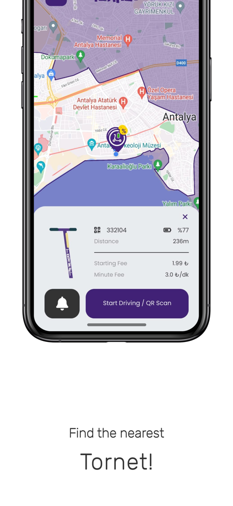 Tornet Scooter - Interface do aplicativo Tornet Scooter mostrando um mapa de Antalya com a vida útil da bateria, distância e detalhes de preço da scooter selecionada acima de um botão Iniciar Condução.