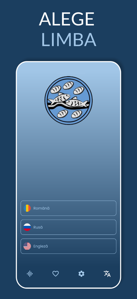 Radio Micul Samaritean - Language selection screen for Radio Micul Samaritean app with options for Romanian Russian and English