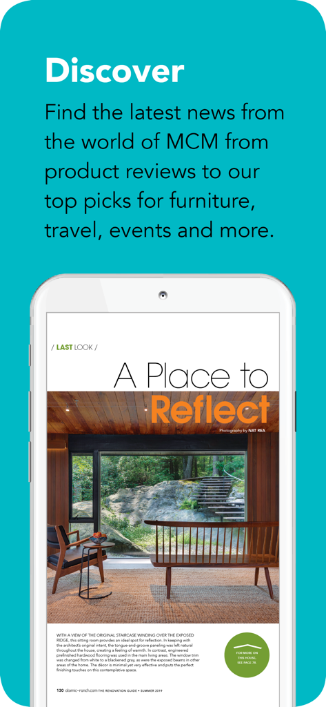 Atomic Ranch app screen showing midcentury modern interior design article titled A Place to Reflect