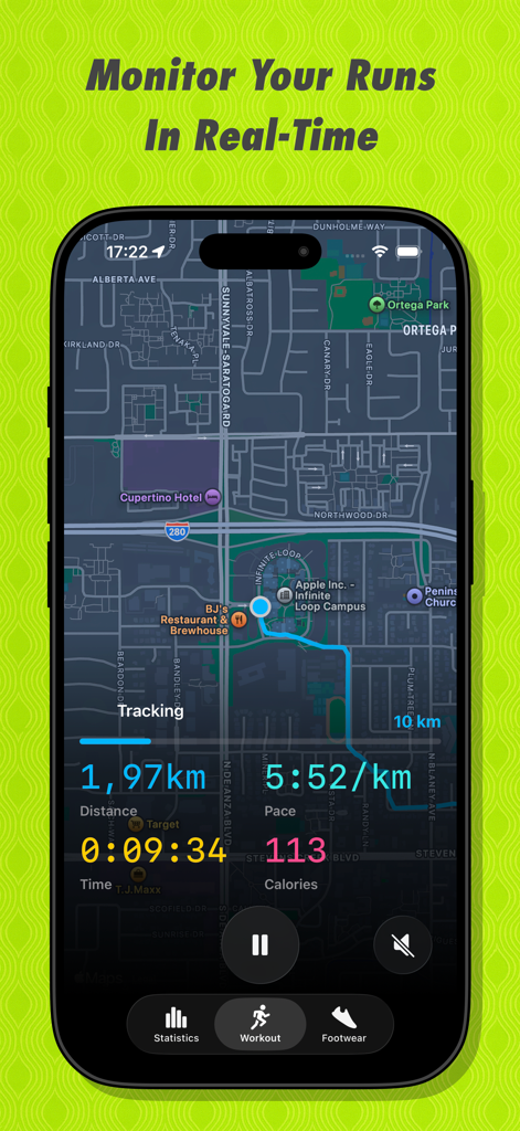 Real time running tracker dashboard showing map distance and pace on iPhone