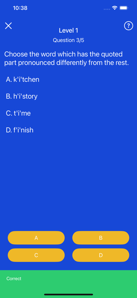 Duo ABC - A multiple choice pronunciation quiz on the Duo ABC app for 10th grade English students