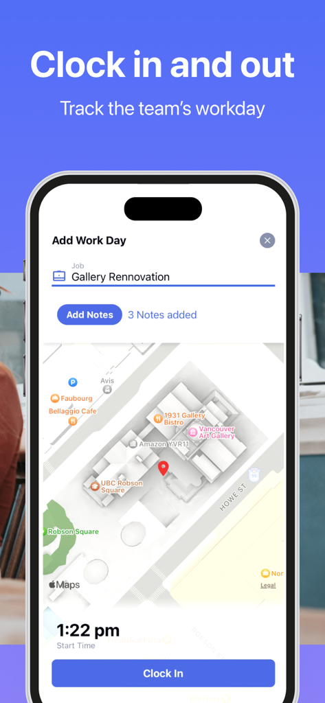 Employee Link app interface showing clock in feature with GPS location tracking