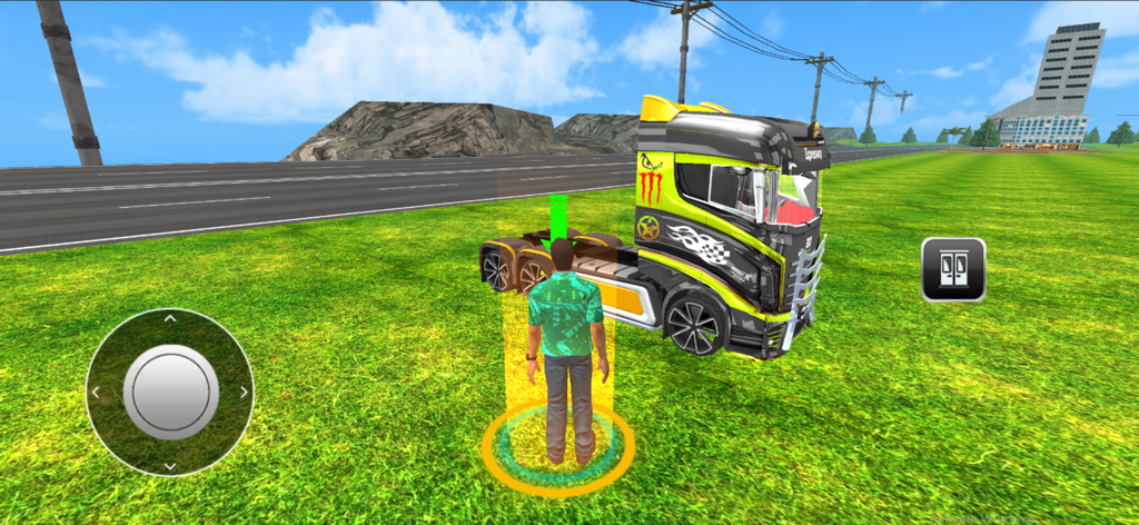Factory Truck Simulator Games - Un personaje de pie en un campo verde junto a un camión amarillo y negro en un juego simulador