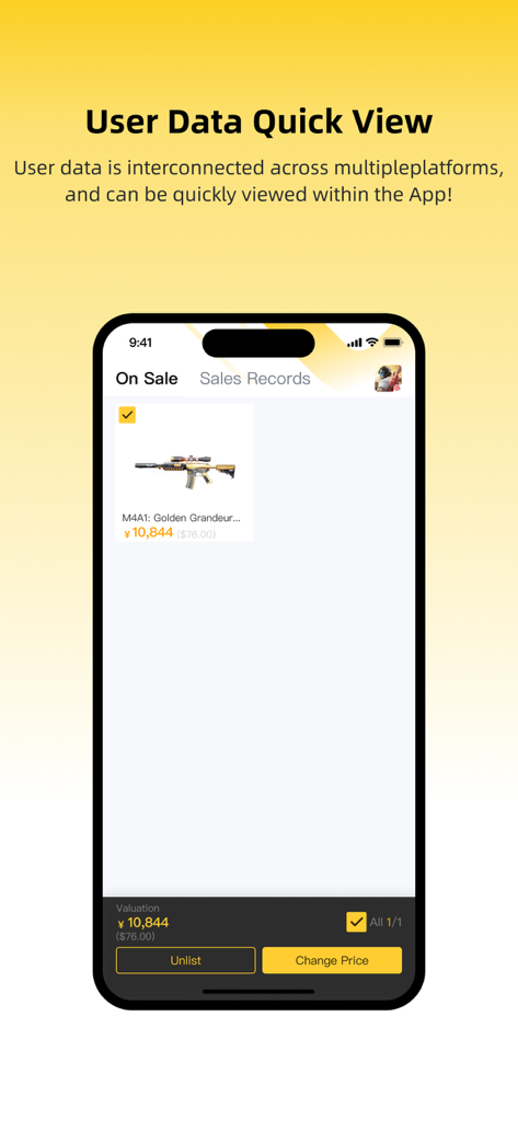 LootBar - LootBar app screen displaying a game item listing with options to unlist or change price