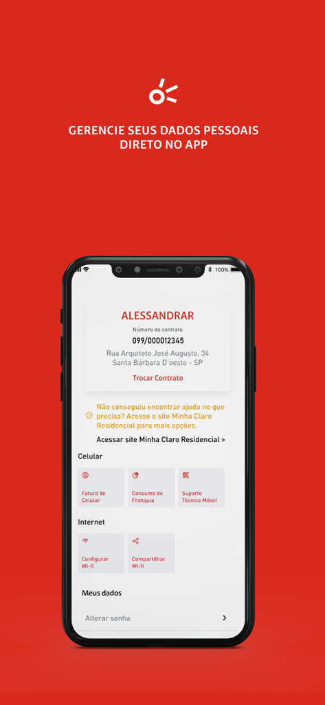 Minha Claro Residencial (NET) - Interface do aplicativo Minha Claro Residencial mostrando detalhes do perfil do usuário, número do contrato e opções de gerenciamento de serviço.