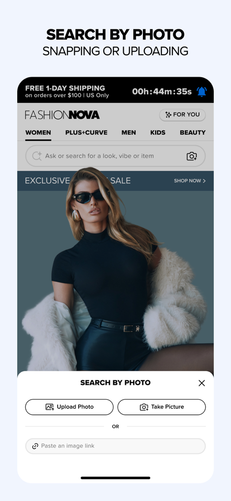 Fashion Nova: Trendy Shopping - 사진 업로드 또는 촬영 옵션이 있는 패션 노바 사진 검색 기능을 보여주는 모바일 앱 화면