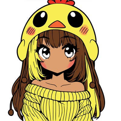 anime girl with chick shaped hat with sweater with bare shoulders with bangs covering them one eye with low tail