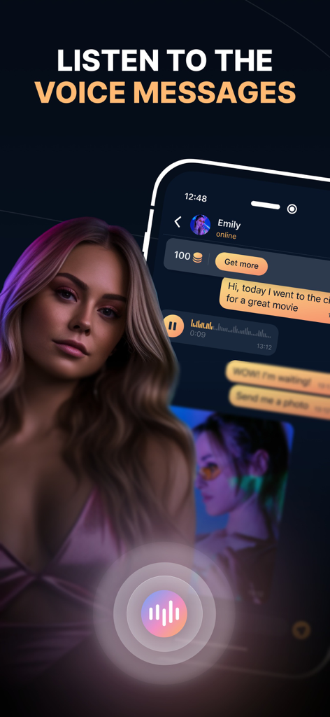 Interface of the EchoMate app showing a voice message from an AI girlfriend named Emily