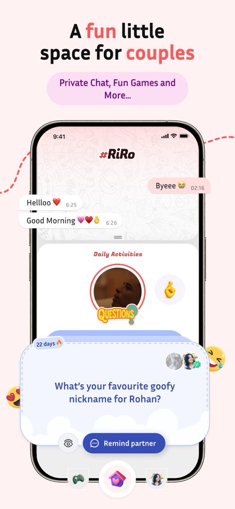 Private chat and daily relationship game interface in the Kulfi app for couples