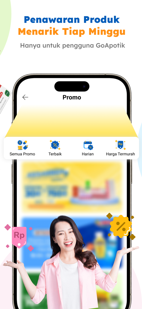 GoApotik: #ApotikTapiOnline - Mobile app interface of GoApotik showing weekly product promotions and pharmacy discounts for users.