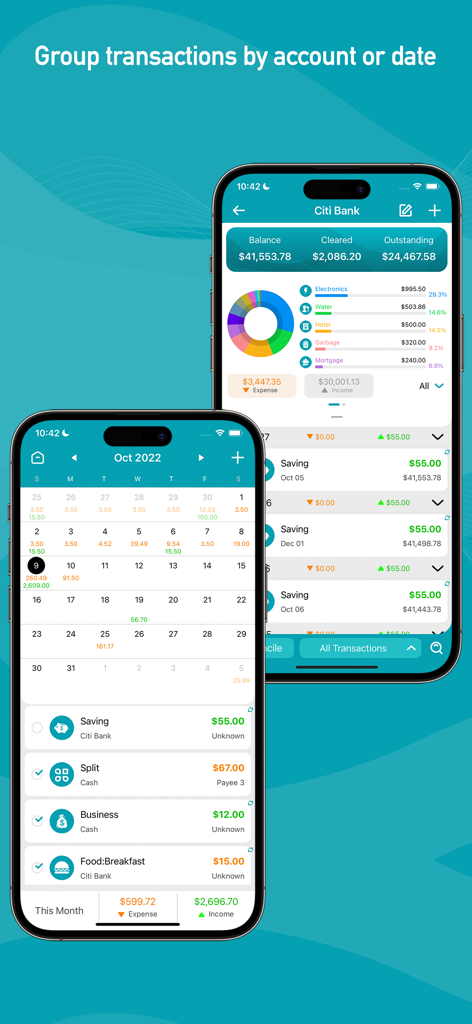 Interface of Quick Checkbook Pro app displaying transactions grouped by account and date alongside a monthly financial calendar view.