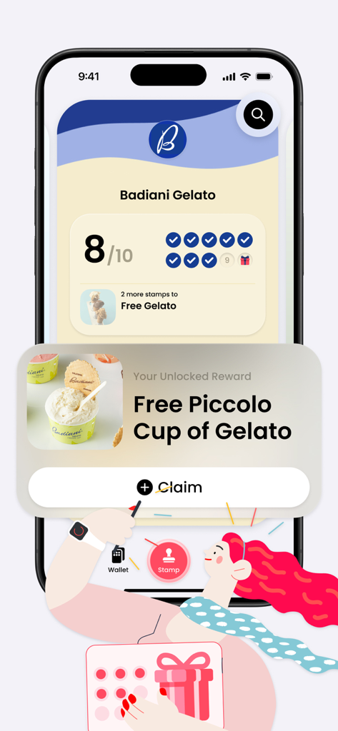 Embargo Wallet - Digital loyalty card in Embargo Wallet app showing stamps and an unlocked free gelato reward