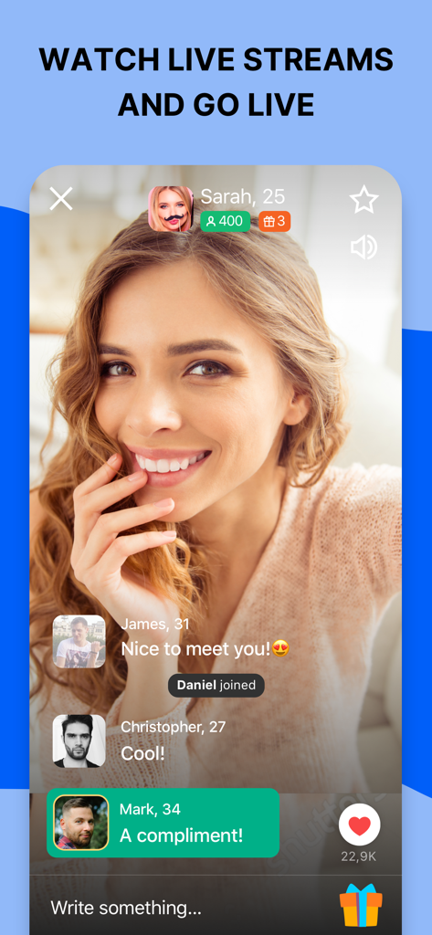 Interface of the Love Mail.Ru dating app showing a live stream with real time user comments and reactions
