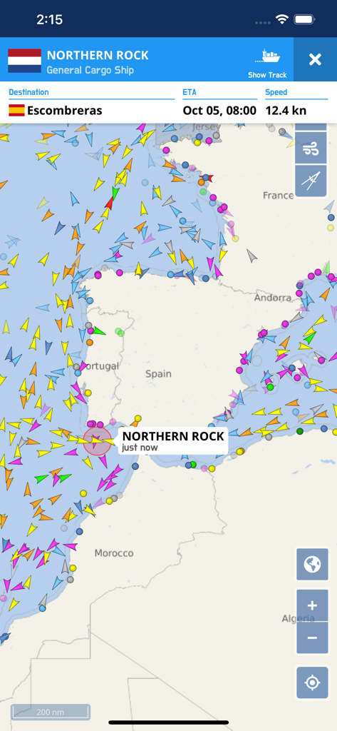 VesselFinder Lite - VesselFinder Liteのリアルタイム船舶追跡マップ。スペイン沿岸近くの貨物船Northern Rockを表示しています。