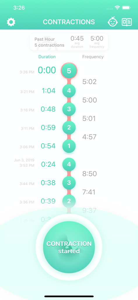 Contraction Timer & Counter 9m - Interfaz de usuario de la aplicación Contraction Timer que registra la duración y frecuencia del parto