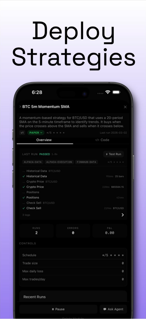 ENTON - ENTON mobile app interface showing automated trading strategy configuration and deployment.