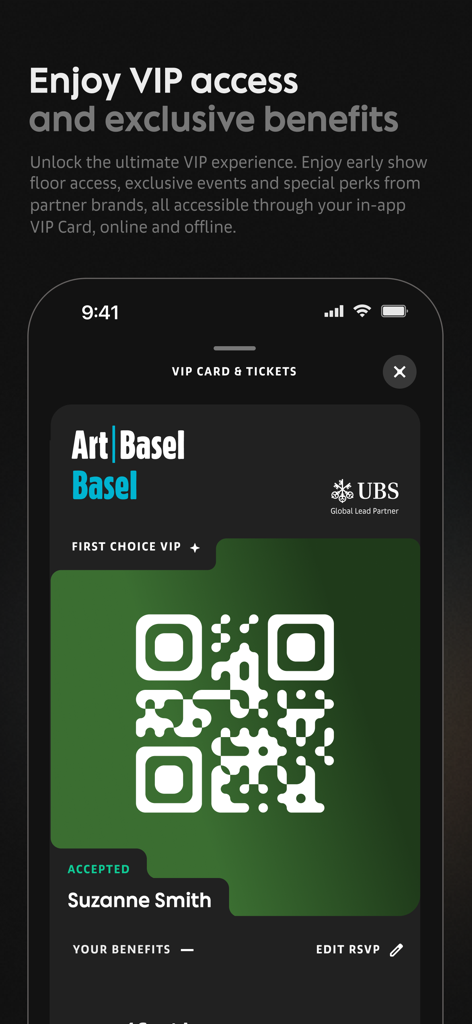 Art Basel - Official App - Art Basel app displaying a digital VIP card with a QR code for event entry and exclusive benefits.