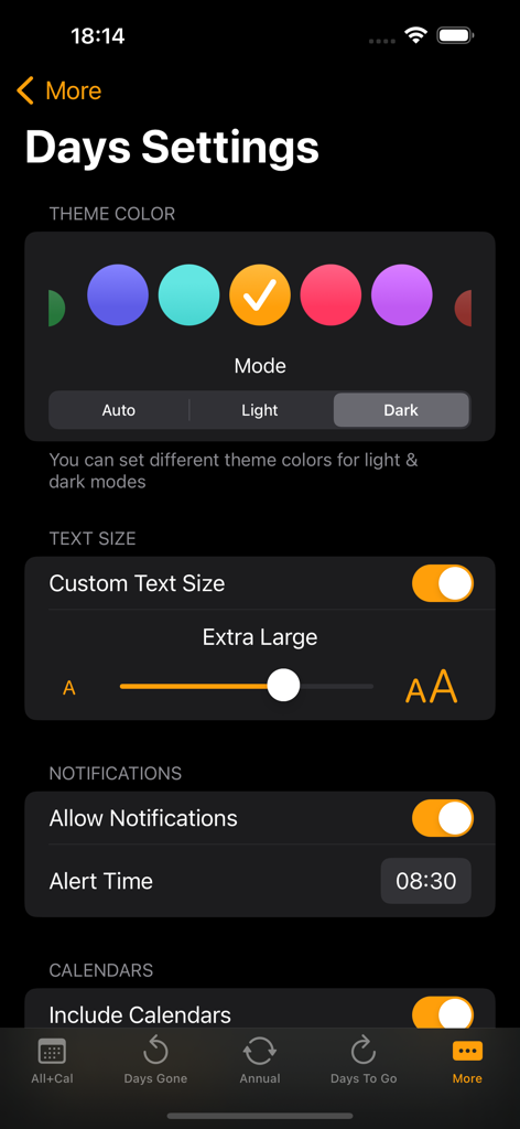 days - Settings screen of the days app showing theme color selection, dark mode, text size adjustment, and notification alerts.