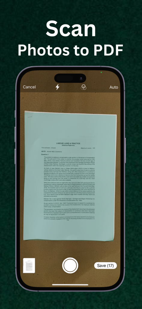PDF Maker : Photos to PDF App - Pantalla del iPhone mostrando la función de escaneo de la aplicación PDF Maker mientras captura un documento en papel